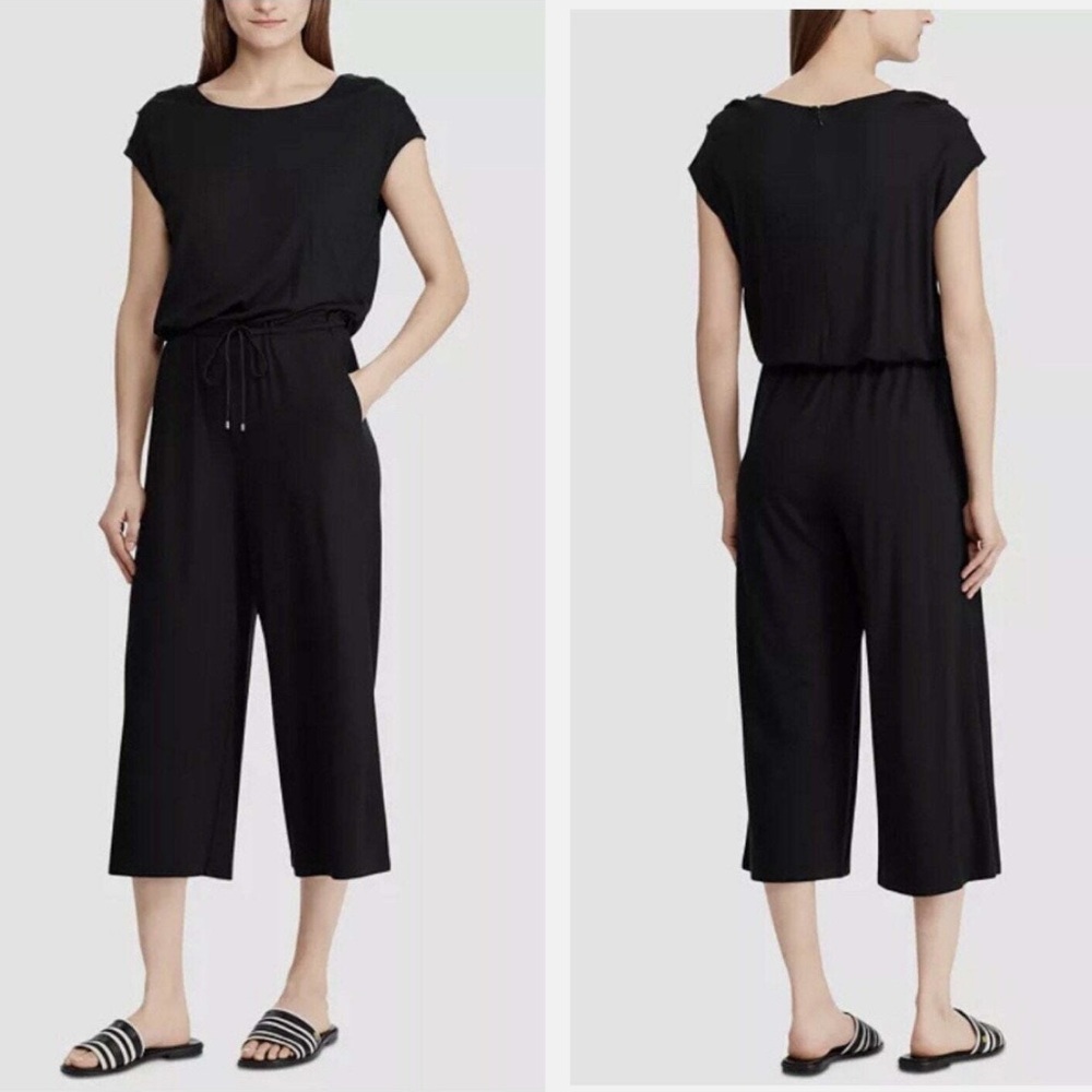 Ralph Lauren Black with Silver Accents Cap Sleeve Wide Leg Crop Knit Jumpsuit